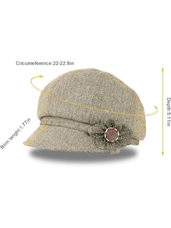 Women Retro Classic Visor Newsboy Cabbie Cap Beret Hats with Flower Buckle1khaki
